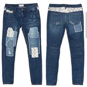 💕 FREE PEOPLE haynes was patchwork Crochet Lace Skinny Jeans size 29